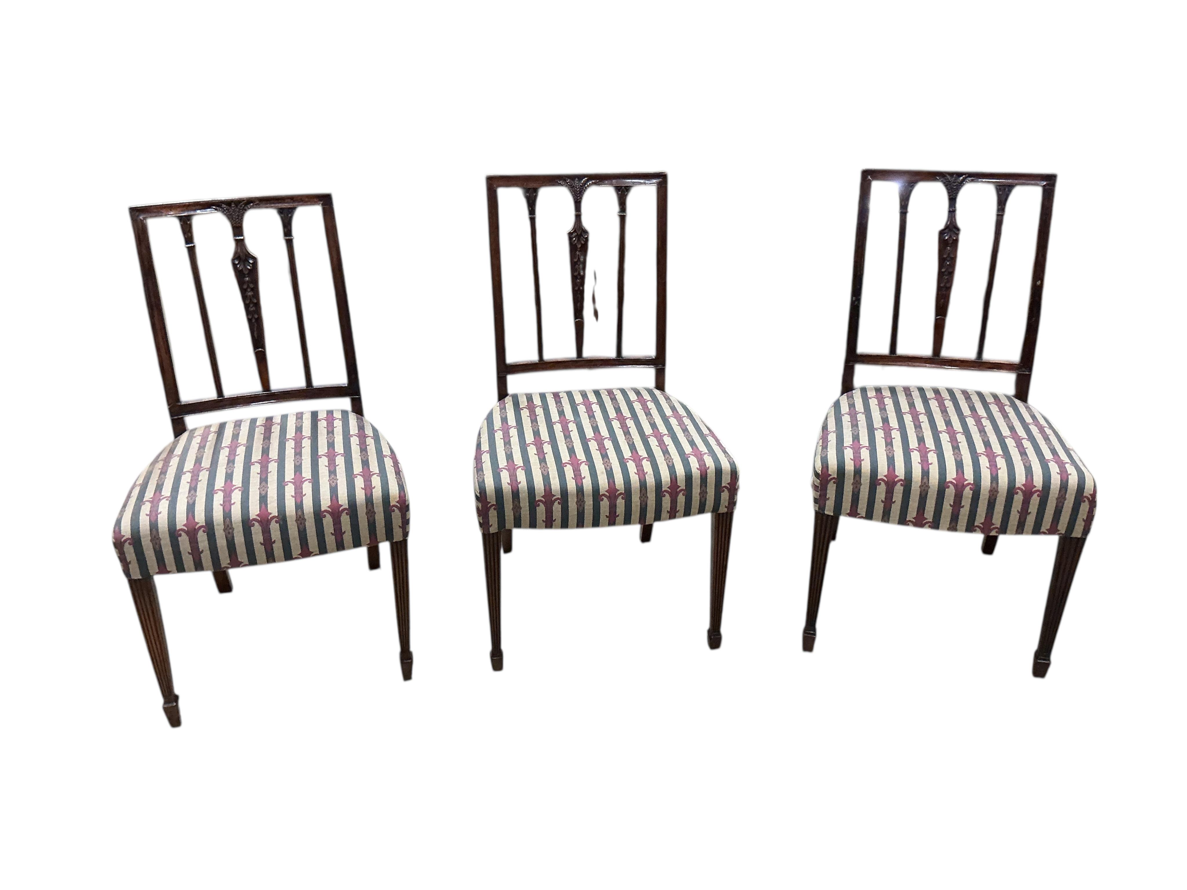 A set of six George III Sheraton style mahogany dining chairs, width 49cm, depth 42cm, height 89cm